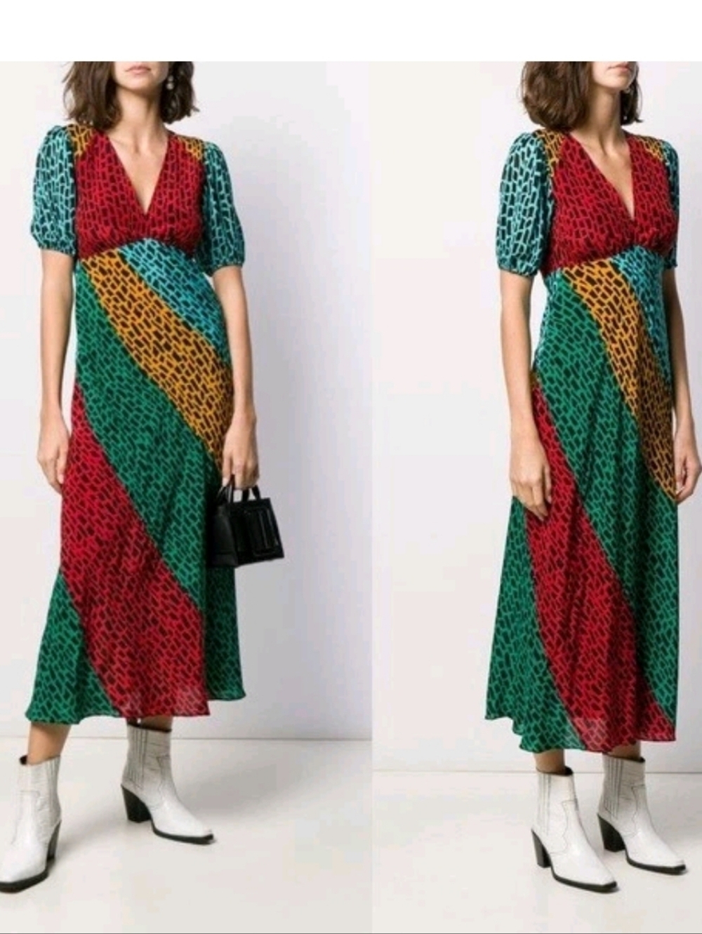 RIXO Multi-Color Printed Silj V-Neck Midi Dress Size xxs New No Tag.  Display